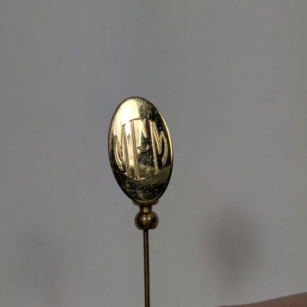 MFM Engraved Sweater Hat Pin Gold Tone Initials Vintage Marked 20 12K GF BAB
